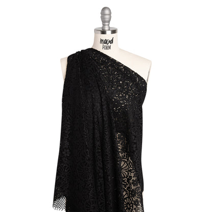 Corded Lace Panel with Finished Latticework Edges - Black Floral