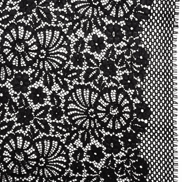 Corded Lace Panel with Finished Latticework Edges - Black Floral