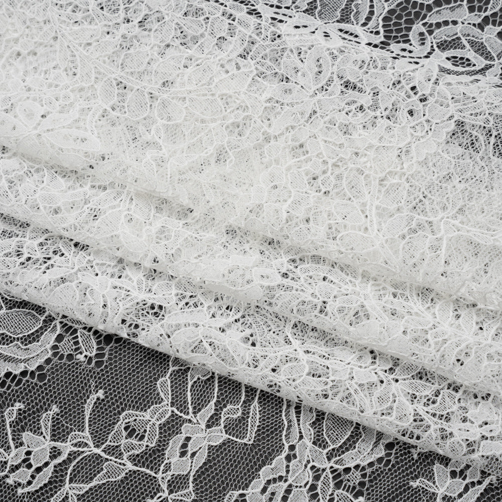 Chantilly Lace with Finished Edges - White PFD Crossing Floral Bands - Folded