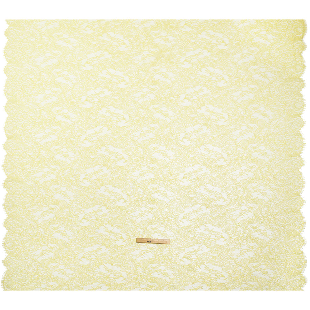Chantilly Lace Panel with Scalloped Finished Edges - Pale Yellow Flowers and Leaves