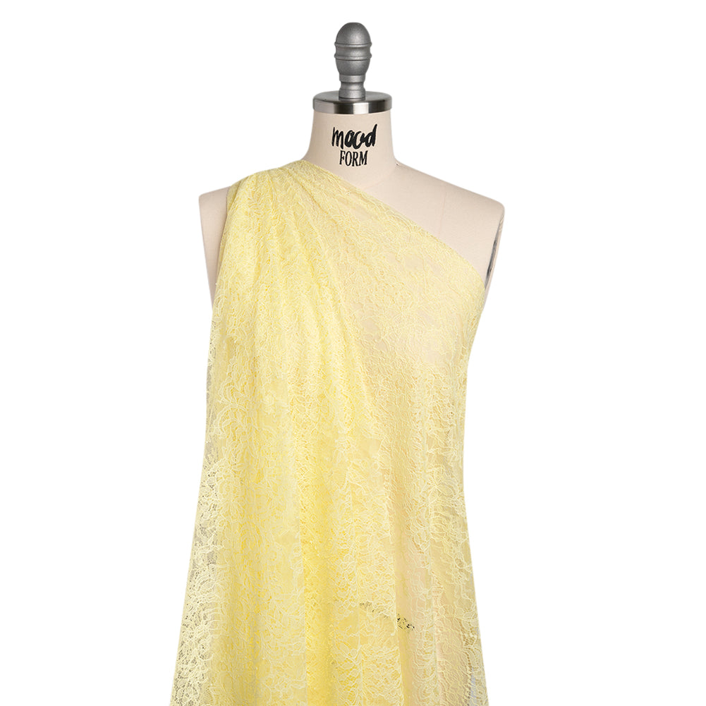 Chantilly Lace Panel with Scalloped Finished Edges - Pale Yellow Flowers and Leaves