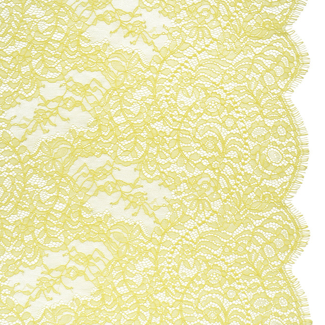Chantilly Lace Panel with Scalloped Finished Edges - Pale Yellow Flowers and Leaves