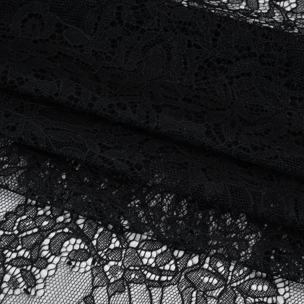 Chantilly Lace Panel with Scalloped Finished Edges - Black Flowers and Leaves - Folded