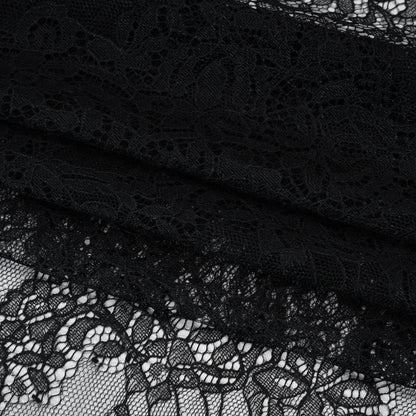 Chantilly Lace Panel with Scalloped Finished Edges - Black Flowers and Leaves