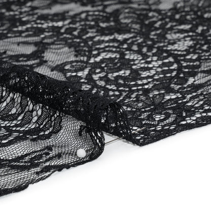 Chantilly Lace Panel with Scalloped Finished Edges - Black Flowers and Leaves