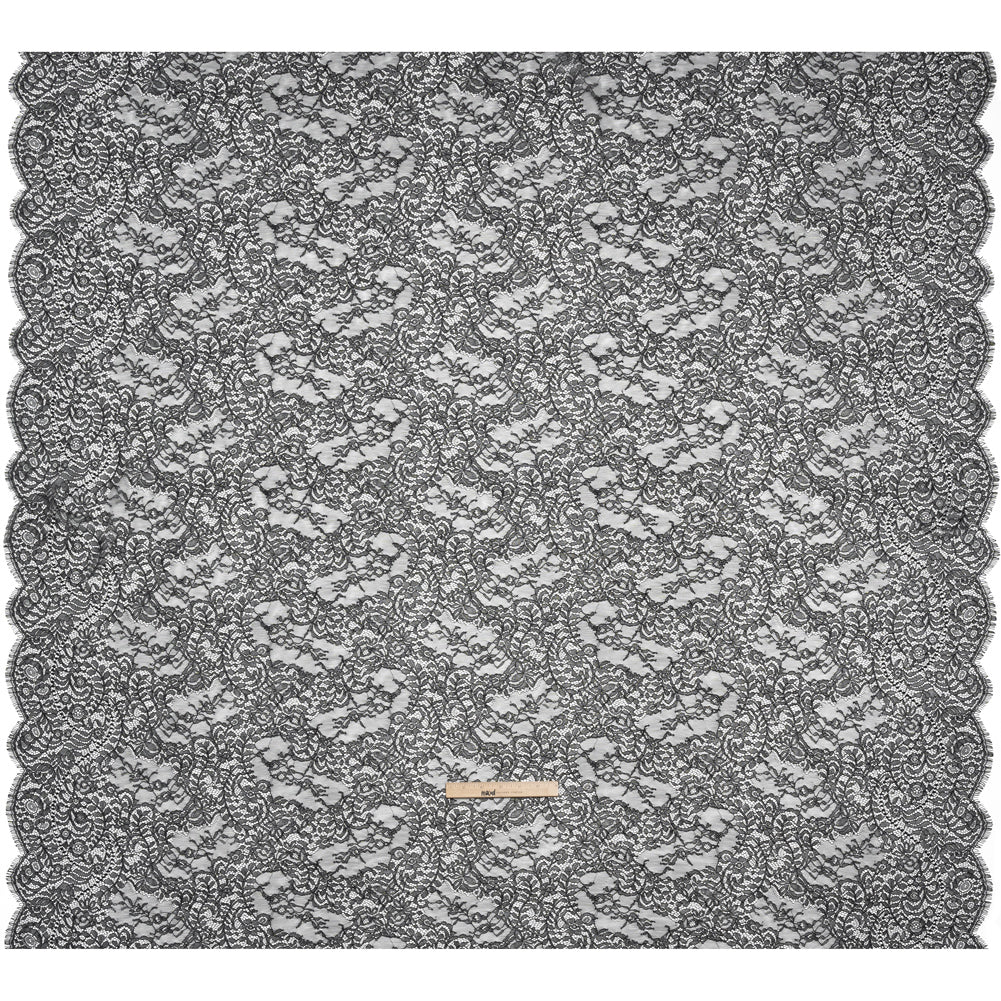 Chantilly Lace Panel with Scalloped Finished Edges - Black Flowers and Leaves - Full