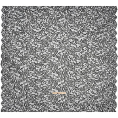 Chantilly Lace Panel with Scalloped Finished Edges - Black Flowers and Leaves