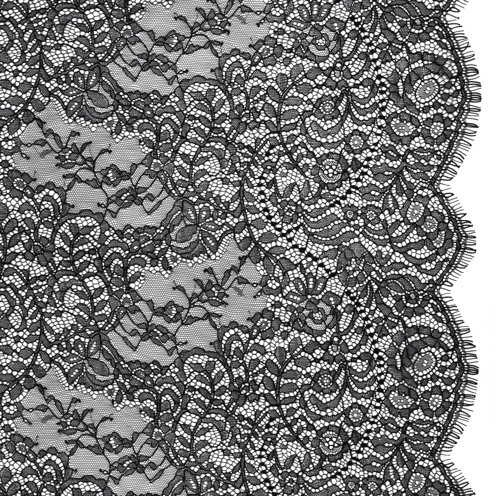 Chantilly Lace Panel with Scalloped Finished Edges - Black Flowers and Leaves