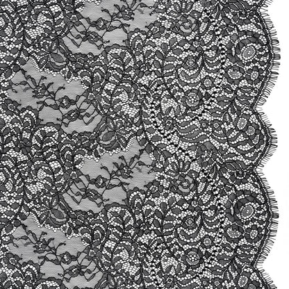 Chantilly Lace Panel with Scalloped Finished Edges - Black Flowers and Leaves