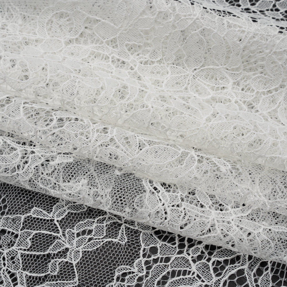 Chantilly Lace Panel with Scalloped Finished Edges - Ivory Flowers and Leaves