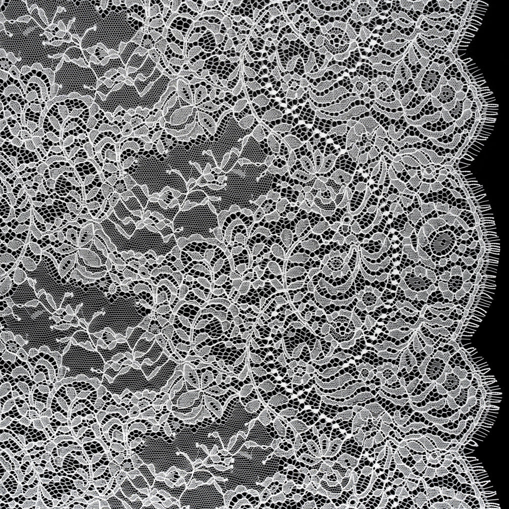 Chantilly Lace Panel with Scalloped Finished Edges - Ivory Flowers and Leaves