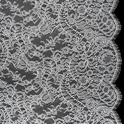 Chantilly Lace Panel with Scalloped Finished Edges - Ivory Flowers and Leaves