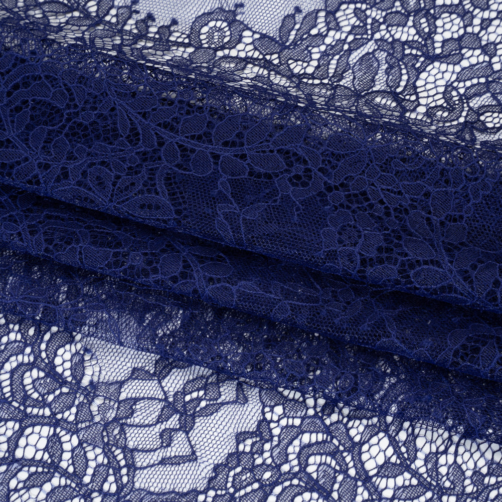 Chantilly Lace Panel with Scalloped Finished Edges - Navy Blue Flowers and Leaves