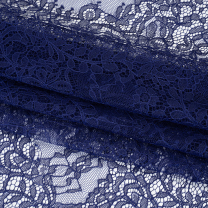 Chantilly Lace Panel with Scalloped Finished Edges - Navy Blue Flowers and Leaves