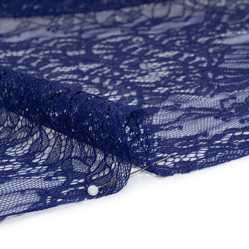 Chantilly Lace Panel with Scalloped Finished Edges - Navy Blue Flowers and Leaves