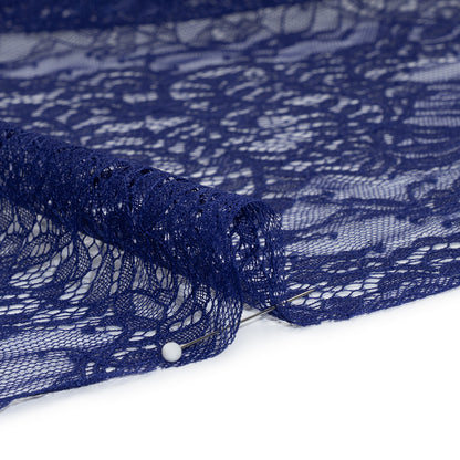 Chantilly Lace Panel with Scalloped Finished Edges - Navy Blue Flowers and Leaves