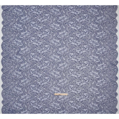 Chantilly Lace Panel with Scalloped Finished Edges - Navy Blue Flowers and Leaves