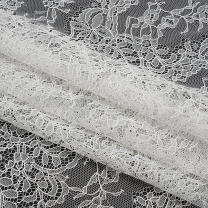 Chantilly Lace Panel with Scalloped Finished Edges - White PFD Flowers and Leaves