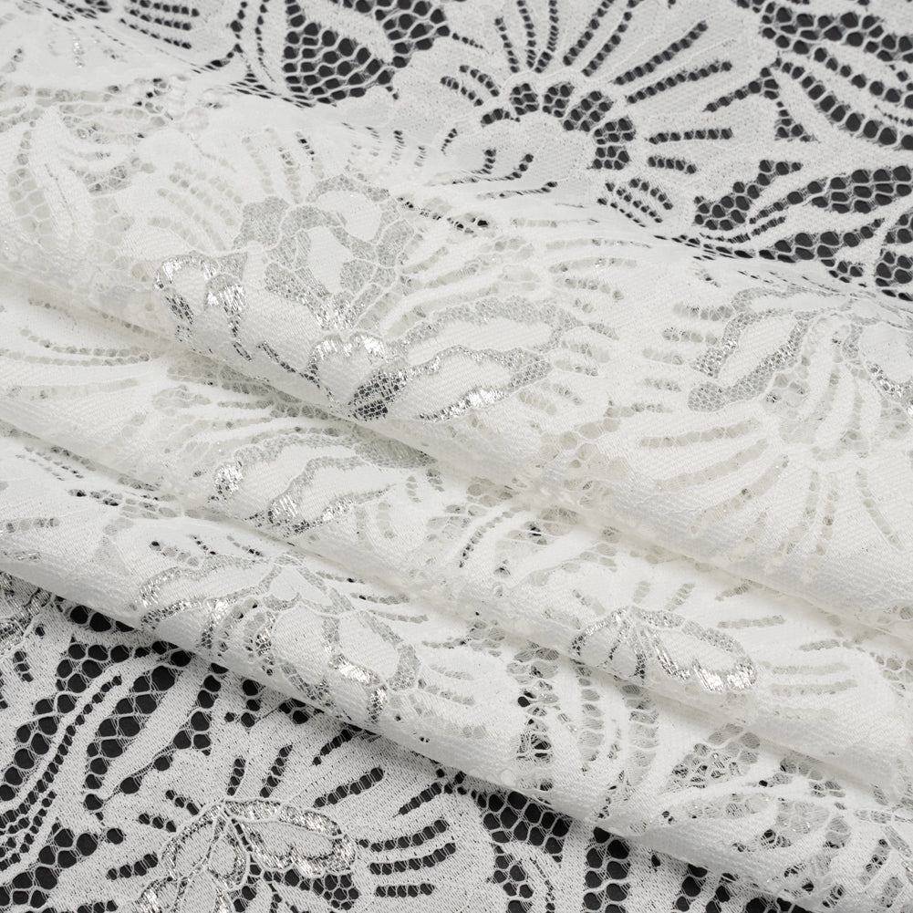 Metallic Raschel Lace Panel with Finished Edges - Ivory and Silver Bold Florals - Folded