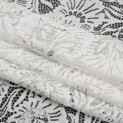 Metallic Raschel Lace Panel with Finished Edges - Ivory and Silver Bold Florals