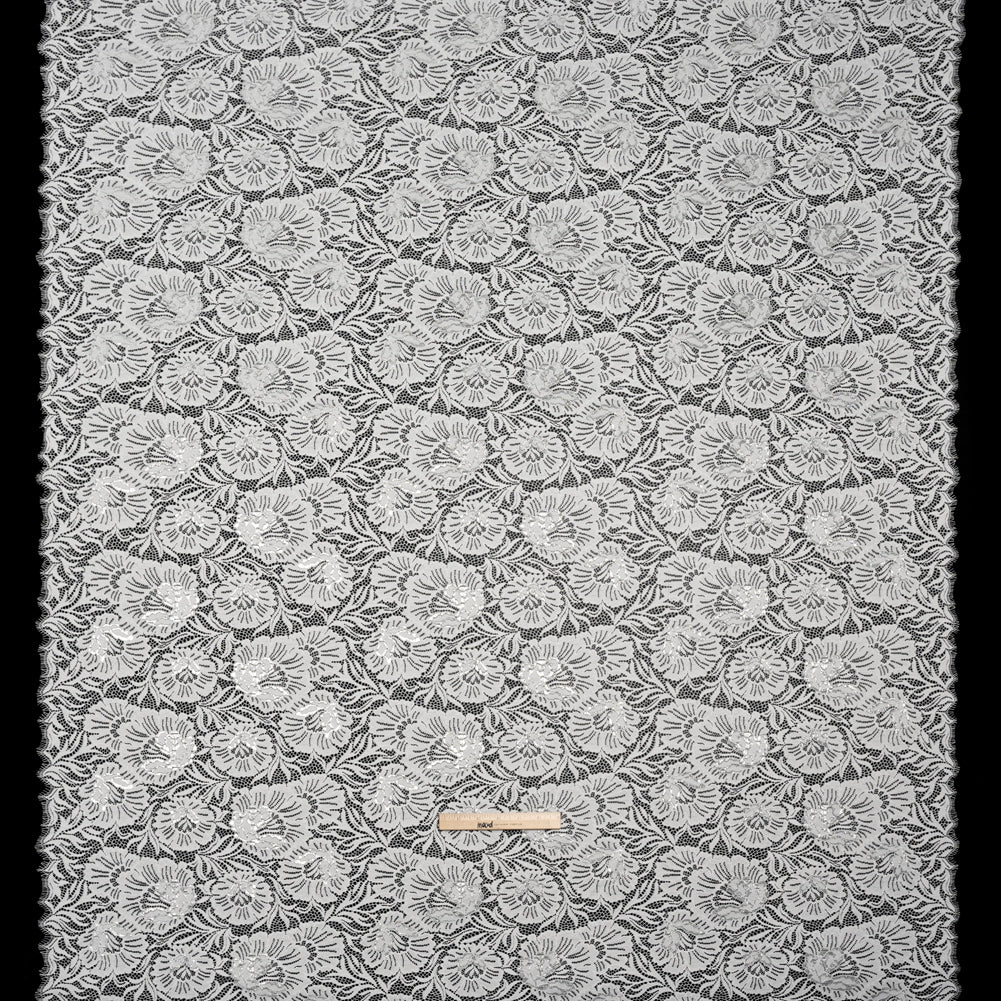 Metallic Raschel Lace Panel with Finished Edges - Ivory and Silver Bold Florals - Full