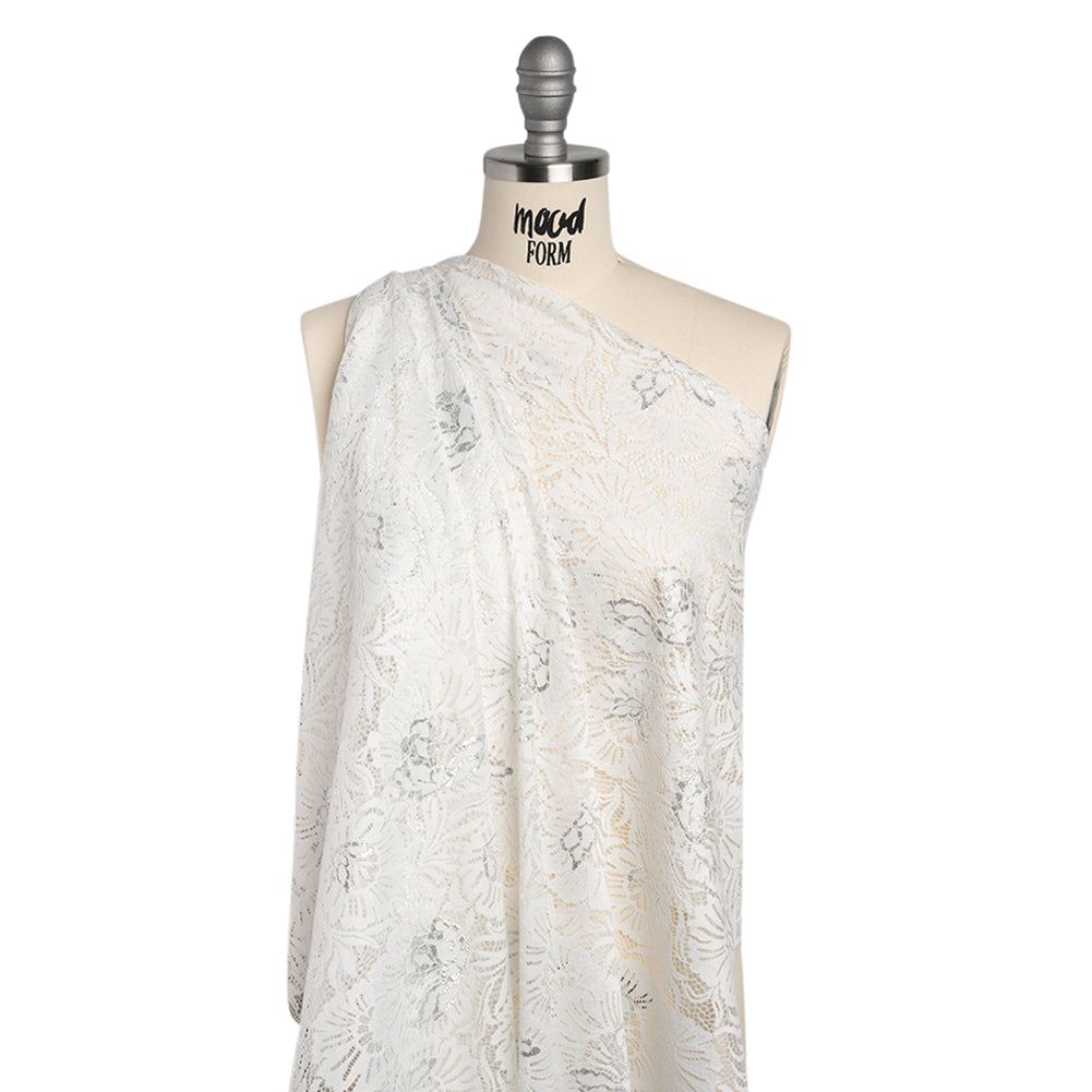 Metallic Raschel Lace Panel with Finished Edges - Ivory and Silver Bold Florals - Drape