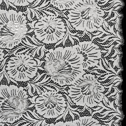 Metallic Raschel Lace Panel with Finished Edges - Ivory and Silver Bold Florals