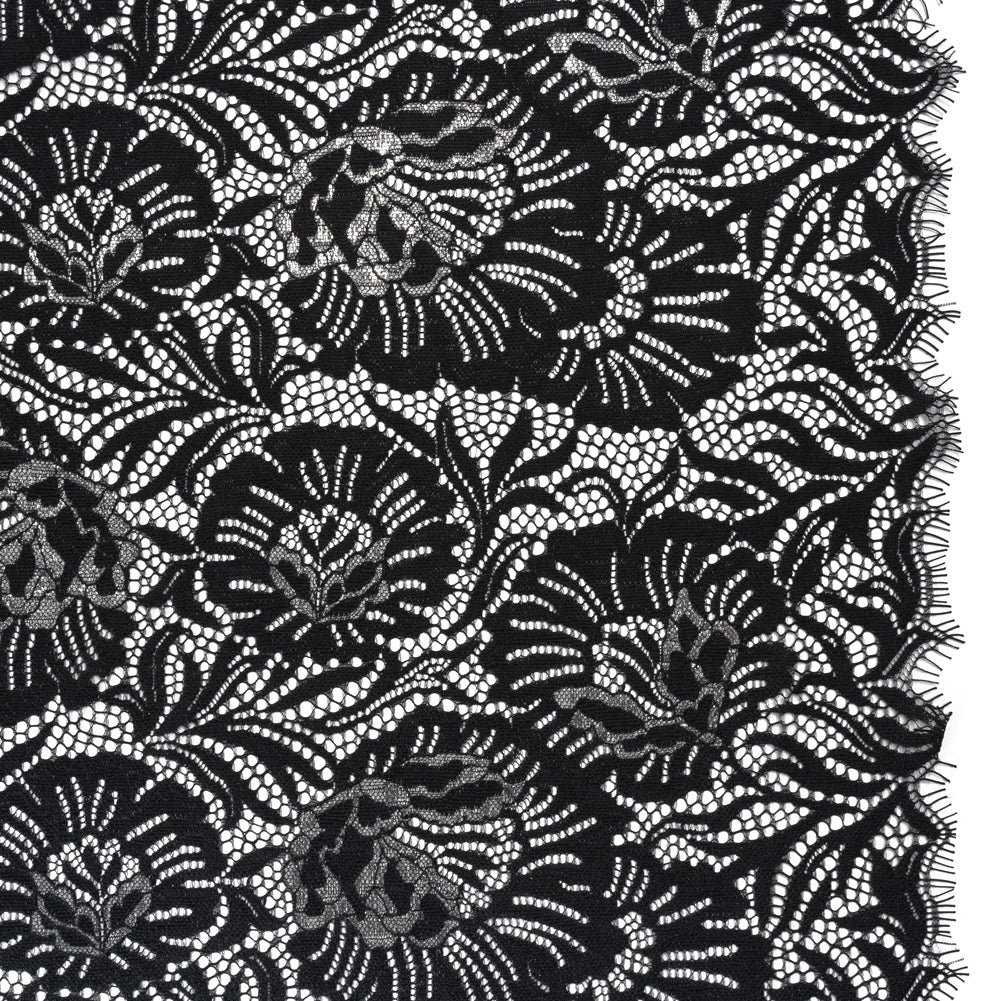 Metallic Raschel Lace Panel with Finished Edges - Black and Silver Bold Florals