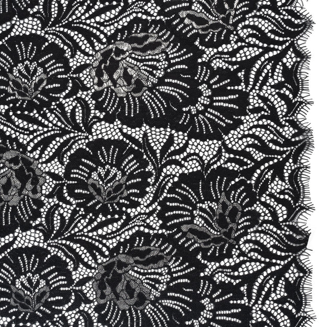 Metallic Raschel Lace Panel with Finished Edges - Black and Silver Bold Florals