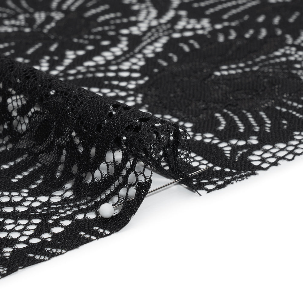 Metallic Raschel Lace Panel with Finished Edges - Black and Black Bold Florals - Detail