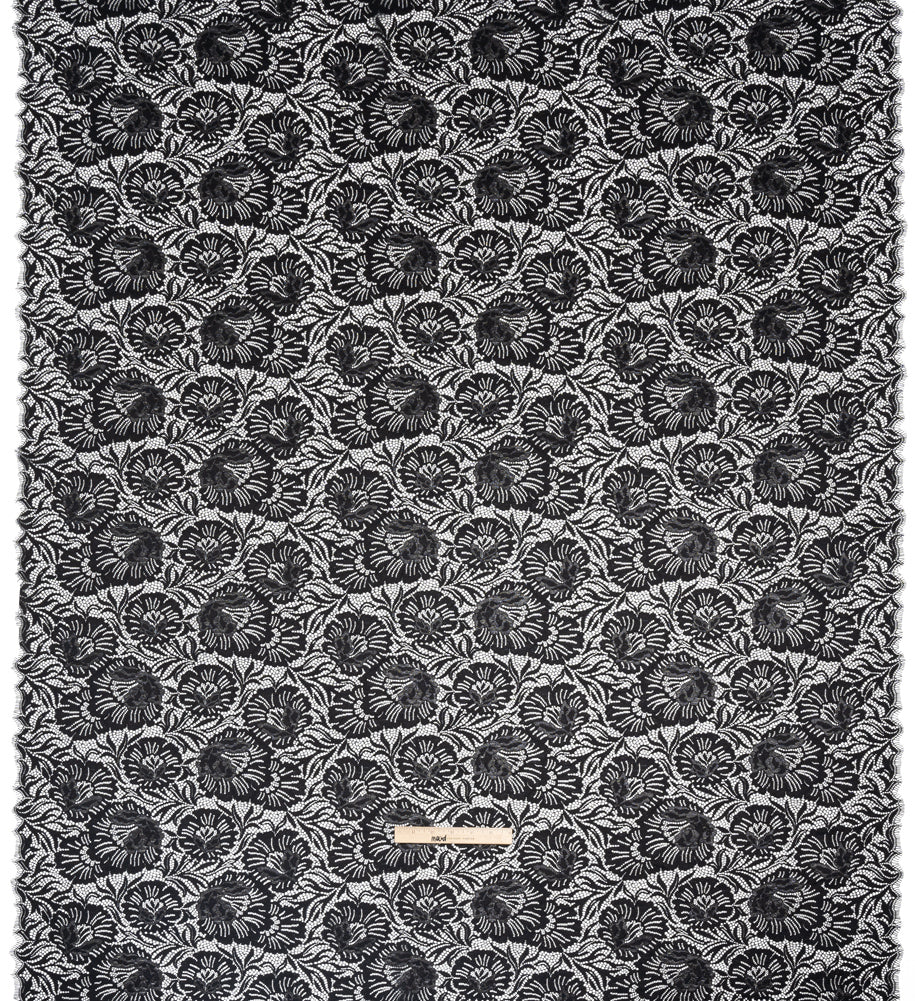Metallic Raschel Lace Panel with Finished Edges - Black and Black Bold Florals - Full