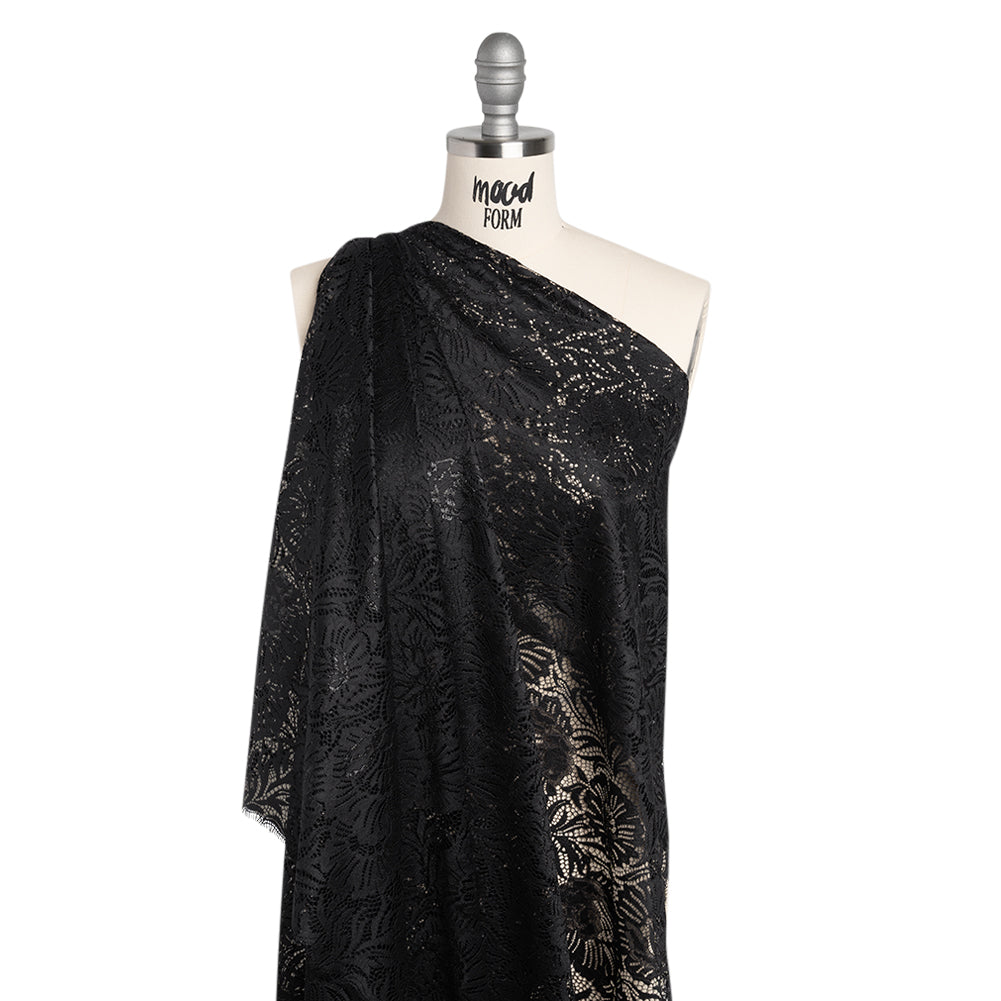 Metallic Raschel Lace Panel with Finished Edges - Black and Black Bold Florals - Drape