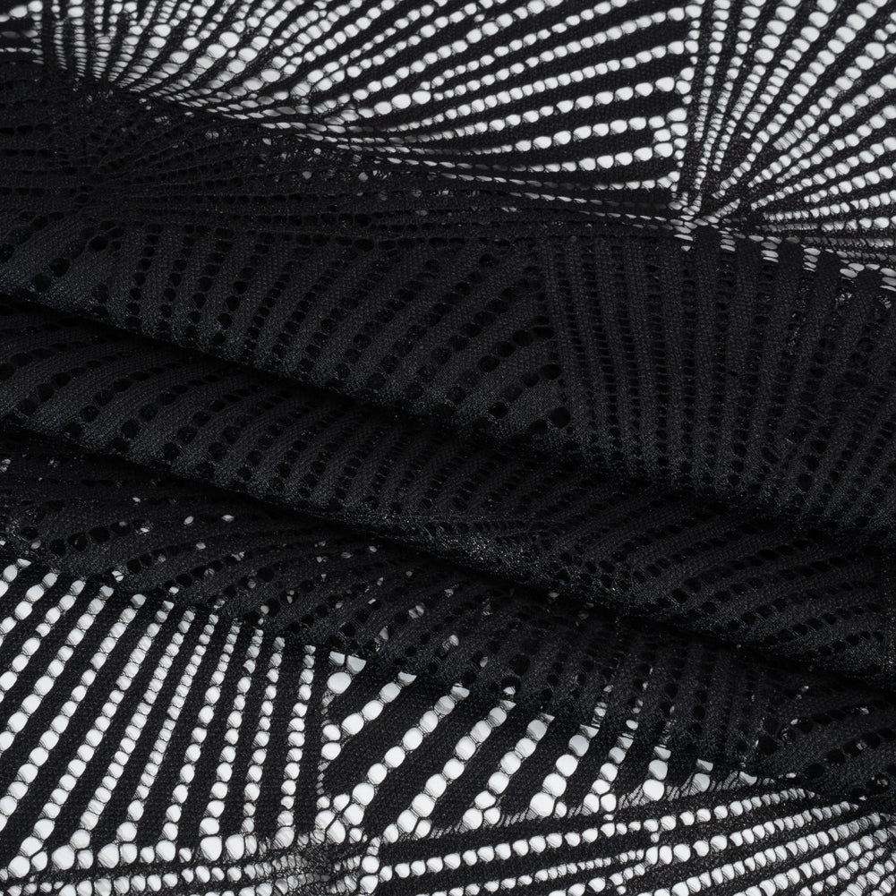 Metallic Raschel Lace Panel with Finished Scalloped Edges - Black Fans - Folded
