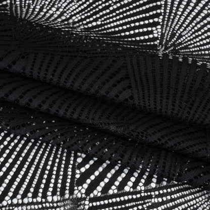 Metallic Raschel Lace Panel with Finished Scalloped Edges - Black Fans