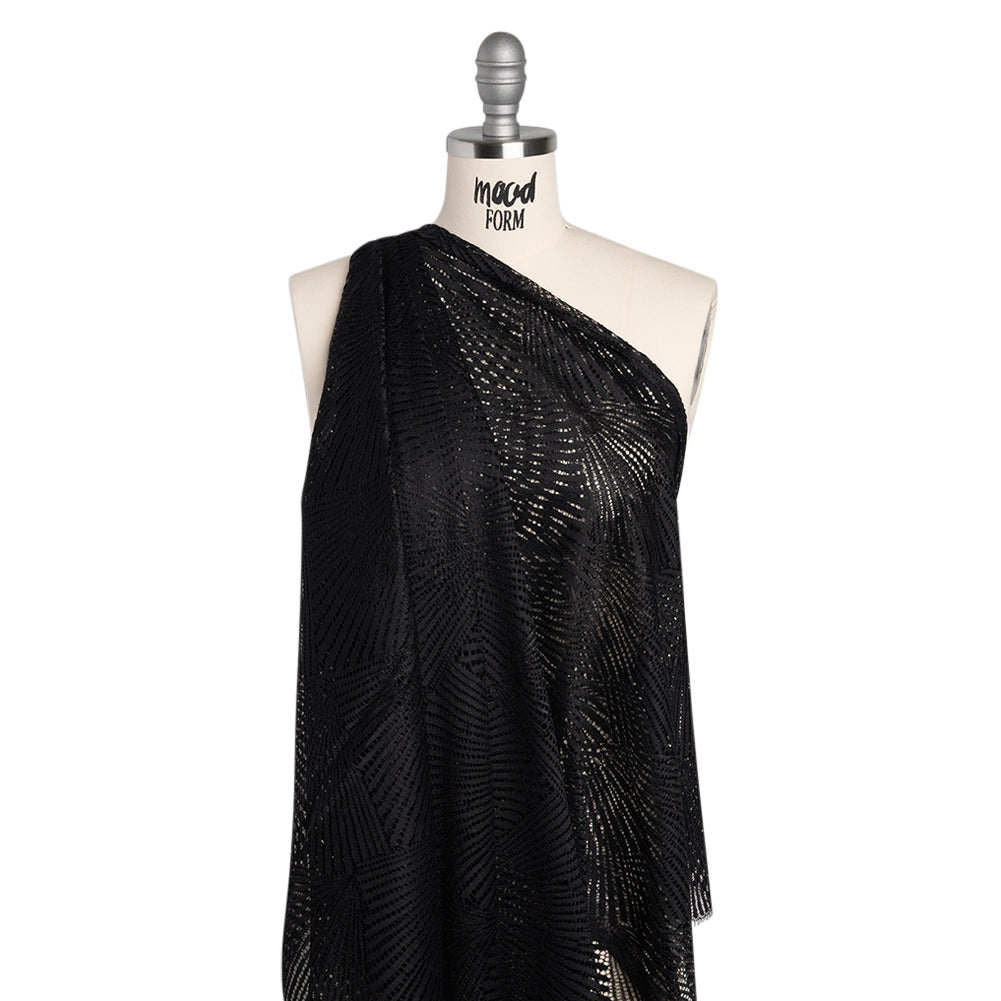 Metallic Raschel Lace Panel with Finished Scalloped Edges - Black Fans - Drape