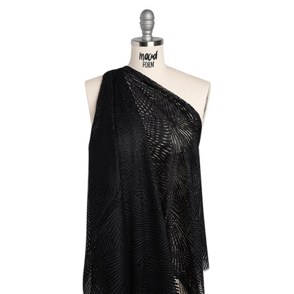 Metallic Raschel Lace Panel with Finished Scalloped Edges - Black Fans