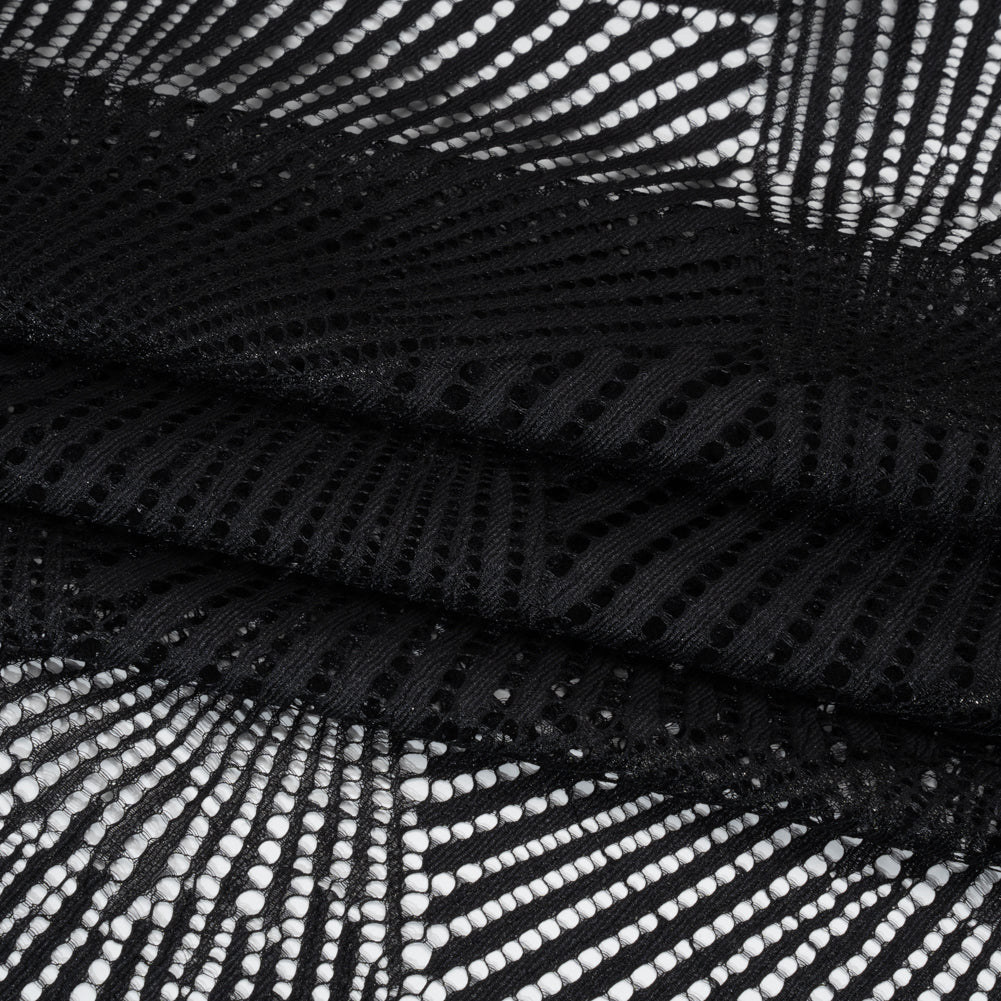 Raschel Lace Panel with Finished Scalloped Edges - Deep Black Fans