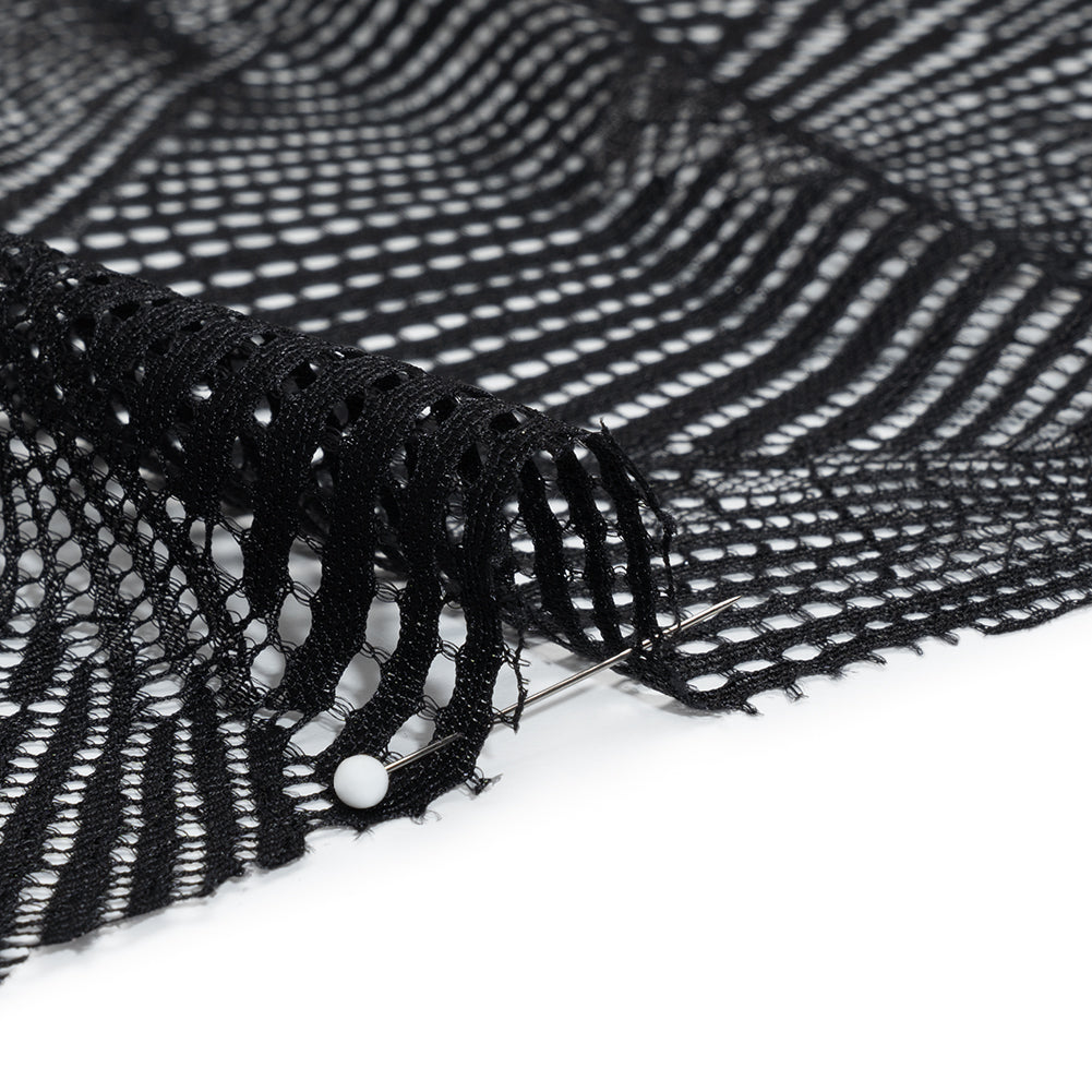 Raschel Lace Panel with Finished Scalloped Edges - Deep Black Fans