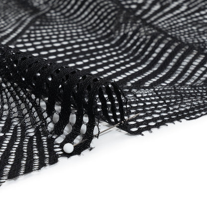 Raschel Lace Panel with Finished Scalloped Edges - Deep Black Fans
