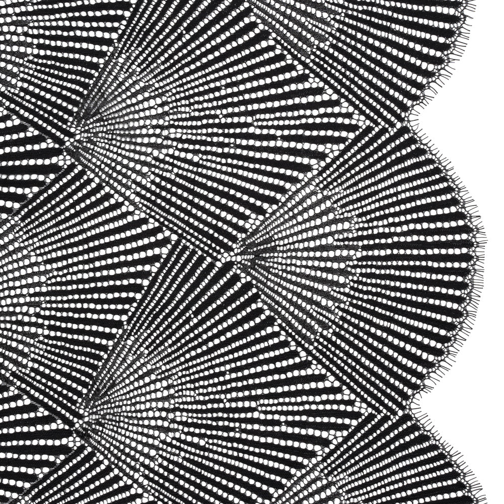 Raschel Lace Panel with Finished Scalloped Edges - Deep Black Fans