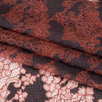 Raschel Lace Panel with Finished Edges - Mineral Red and Black Ornate Leafy Chevrons