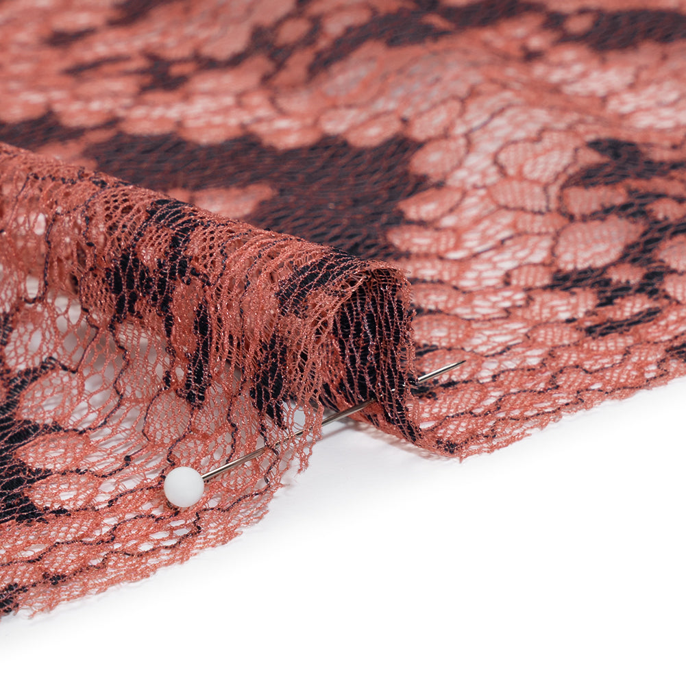 Raschel Lace Panel with Finished Edges - Mineral Red and Black Ornate Leafy Chevrons - Detail