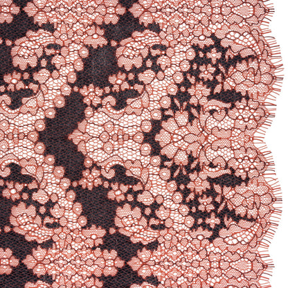 Raschel Lace Panel with Finished Edges - Mineral Red and Black Ornate Leafy Chevrons