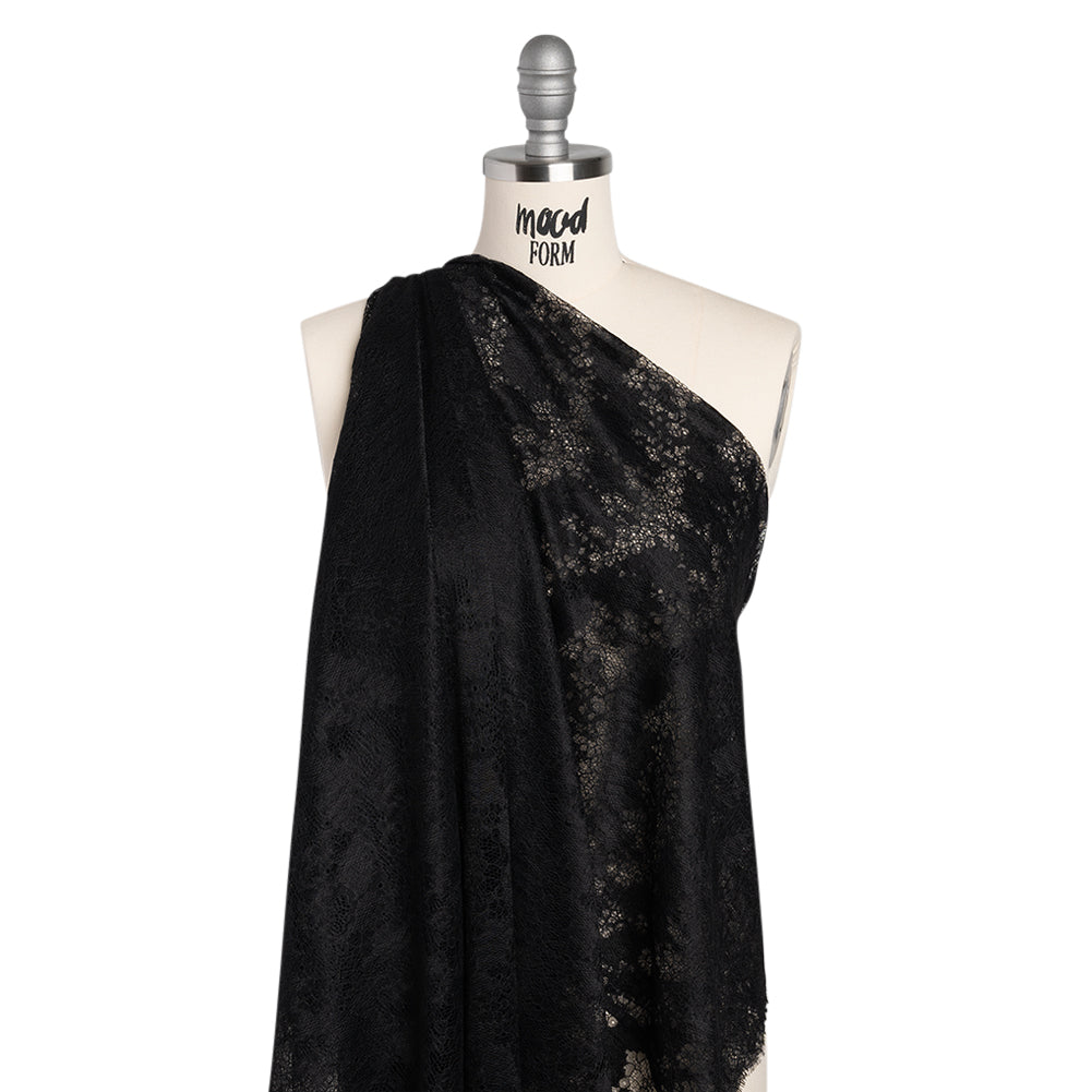 Raschel Lace Panel with Finished Edges - Black Ornate Leafy Chevrons - Drape