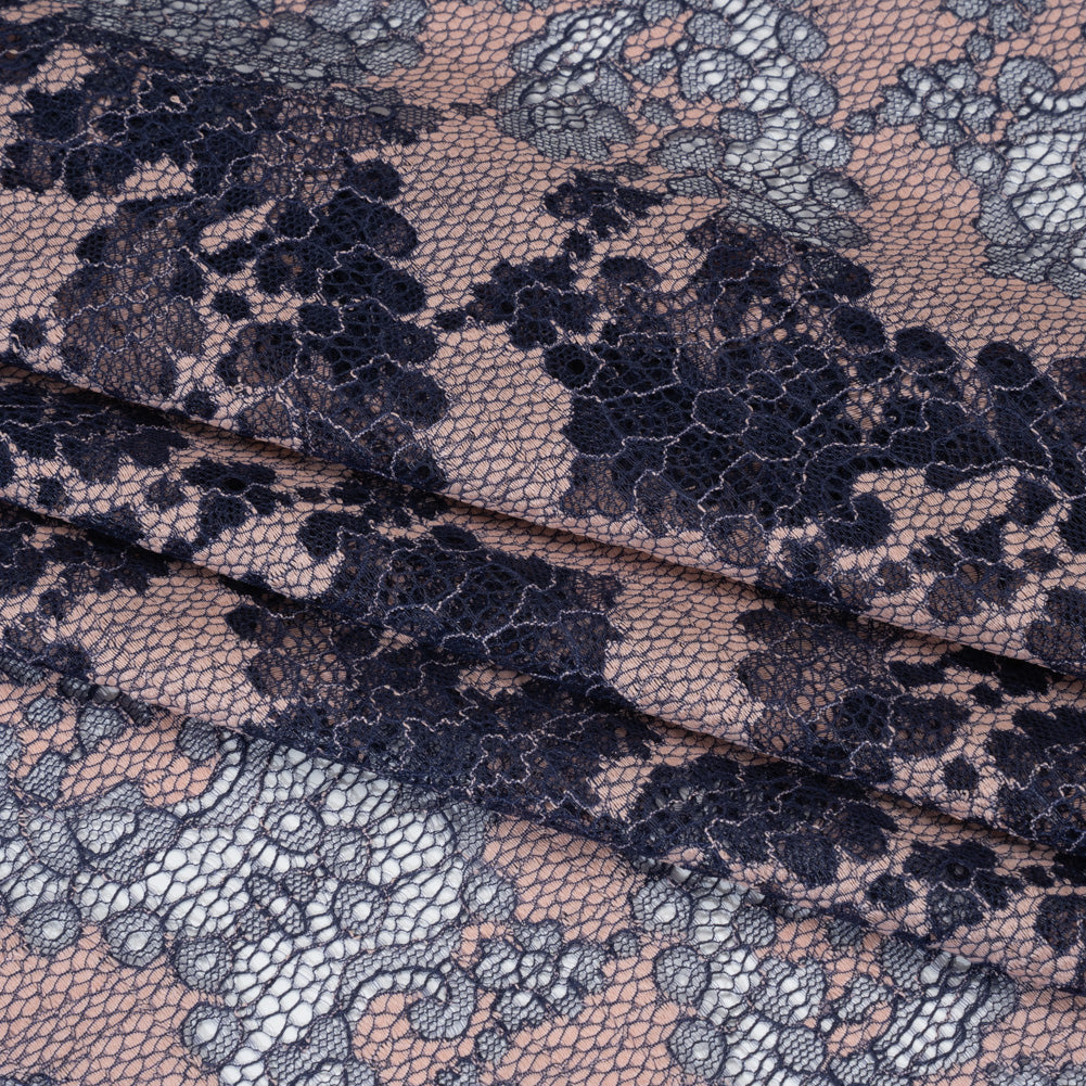 Raschel Lace Panel with Finished Edges - Navy and Baby Pink Ornate Leafy Chevrons - Folded