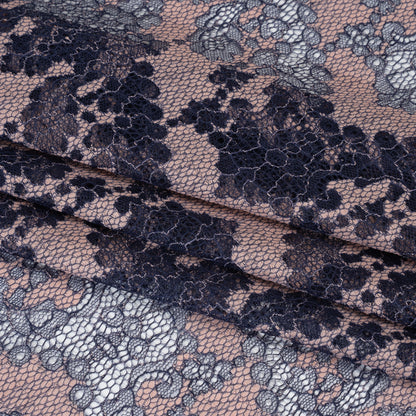 Raschel Lace Panel with Finished Edges - Navy and Baby Pink Ornate Leafy Chevrons