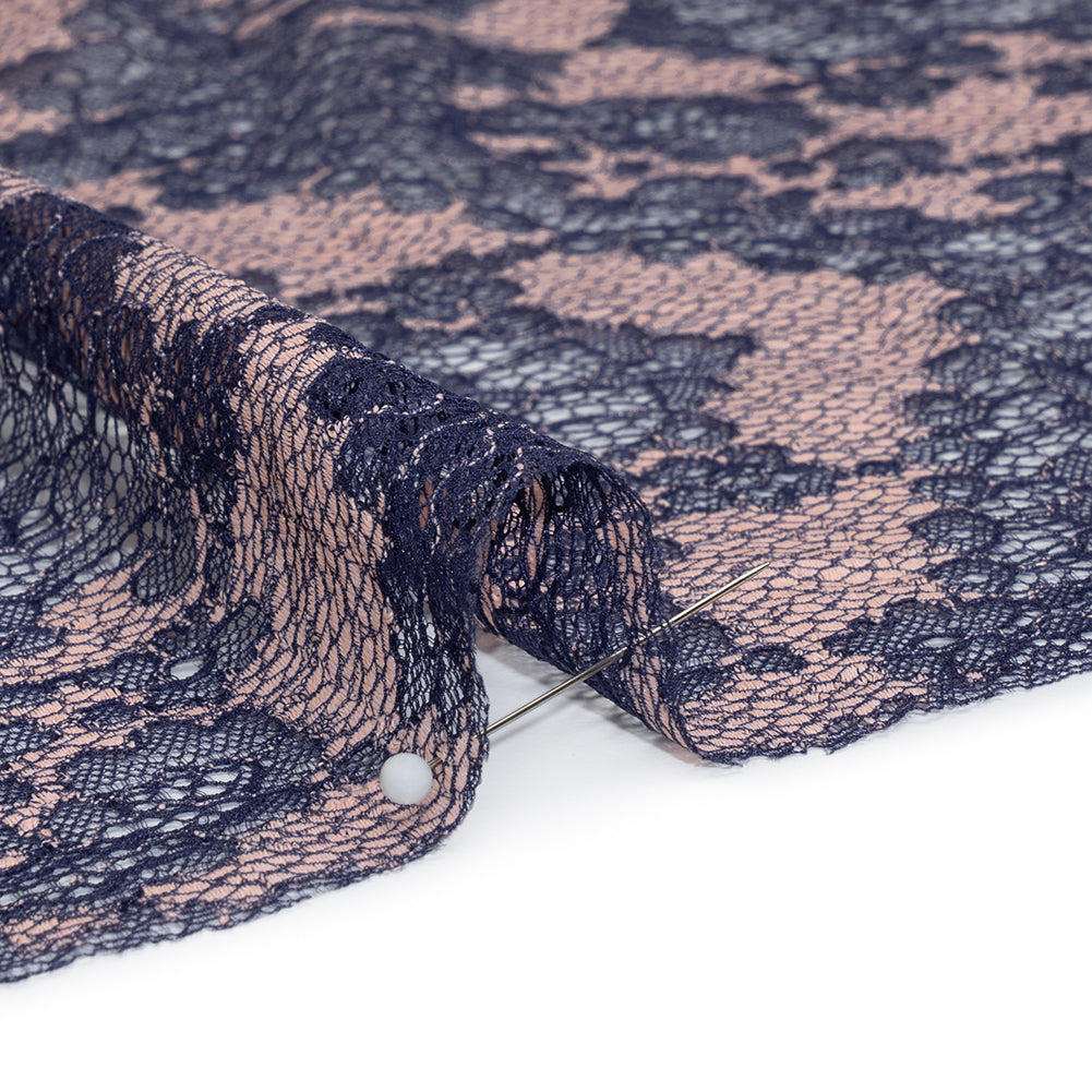 Raschel Lace Panel with Finished Edges - Navy and Baby Pink Ornate Leafy Chevrons - Detail