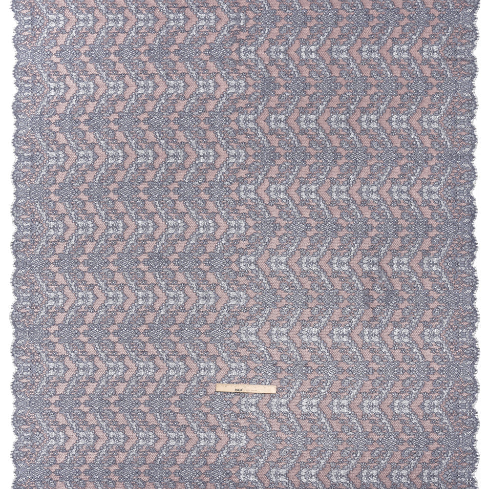 Raschel Lace Panel with Finished Edges - Navy and Baby Pink Ornate Leafy Chevrons - Full