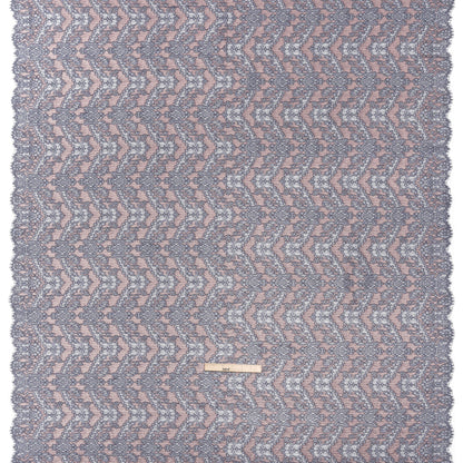 Raschel Lace Panel with Finished Edges - Navy and Baby Pink Ornate Leafy Chevrons