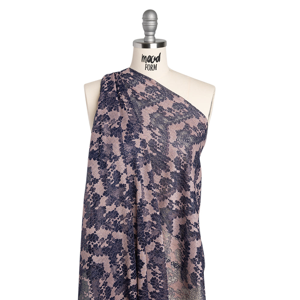 Raschel Lace Panel with Finished Edges - Navy and Baby Pink Ornate Leafy Chevrons - Drape